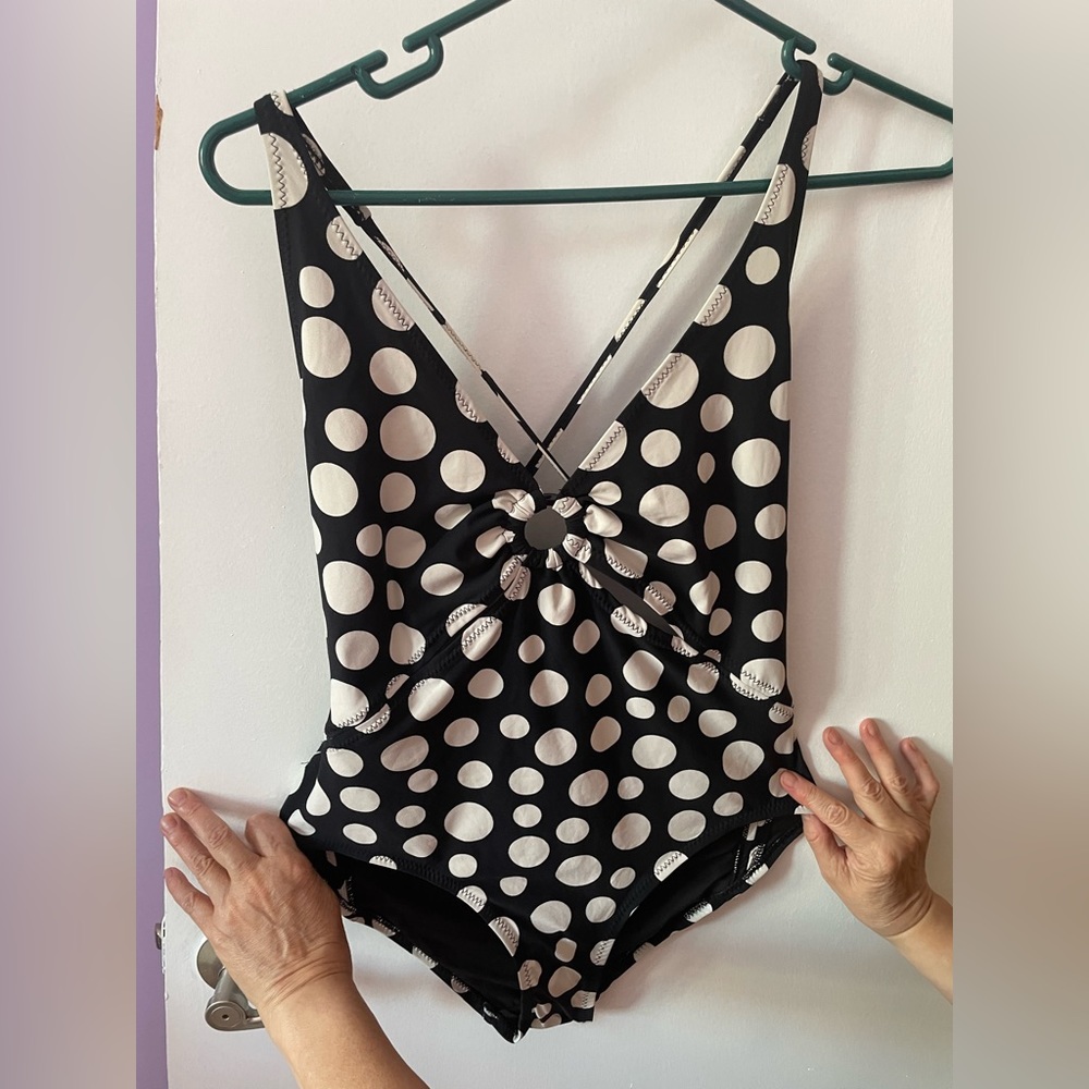 NWT DKNY One Piece Swimsuit Polka Dot Black 14
